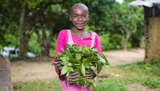 CIFOR/Ollivier Girard A child holds vegetables grown in her garden in a village in Cameroon.